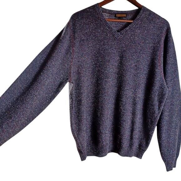 Lenor Romano Sz L Tweed Wool Silk Blend V-Neck Sweater Stitching Preppy Academia - Picture 4 of 10